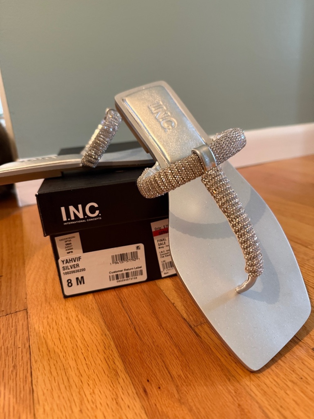 INC International Concepts Silver Rhinestone-Embellished Toe-Loop Sandals